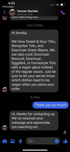 Vegan options  at Hunan Garden in Houghton