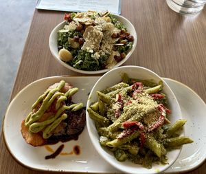 Kale Caesar, fried potatoes, pesto pasta    at Avo in Nashville