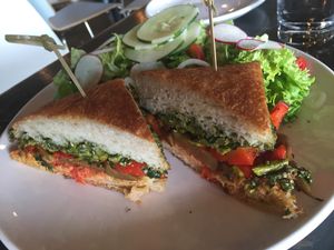 Eggplant sandwich with beer ketchup and pesto at Avo in Nashville