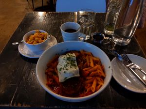 Eggplant parm, Mac and cheese, coffee. $24 at Avo in Nashville