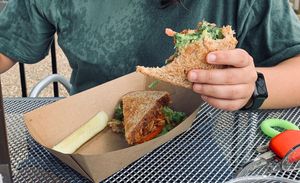 The creative geniusly named LGBT sandwich with lettuce, guacamole, coconut bacon, and tomato. at Avo in Nashville