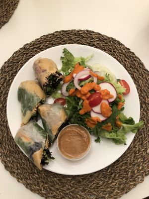 Kimchi spring rolls with Thai peanut dipping sauce + house salad! at Avo in Nashville