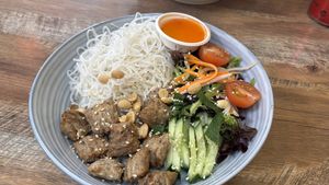 Vegan “beef” and vermicelli   at Om Shangri-la in Springvale