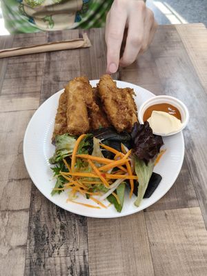 Vegan KFC style fried chicken with mayo and chilli dipping sauce at Om Shangri-la in Springvale