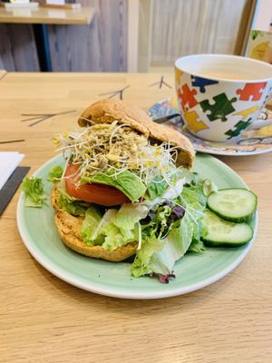 Hummus salad on the tomato bagel at Bagels & Beans - Haarlemmerdijk in Amsterdam