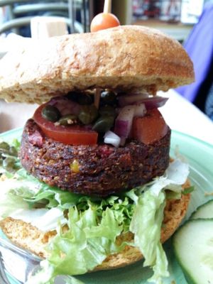 inside the vegan chiliburger at Bagels & Beans - Haarlemmerdijk in Amsterdam
