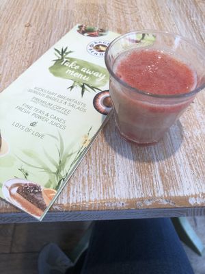 Banana strawberry smoothie made with love! at Bagels & Beans - Haarlemmerdijk in Amsterdam