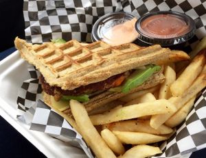 Vegan burger with garlic fries, and vegan Munchie Sauce (YUM) at Emergency Munchie Truck in West Lafayette