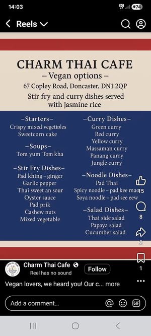 Facebook vegan menu at Charm Thai Cafe - Doncaster in Doncaster