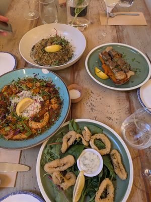Calamari, vegan prawns, vegan sardines and shredded potatoes with palm hearts at Plantuguese in Bristol