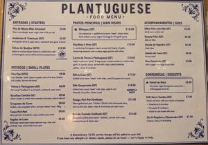 Food menu at Plantuguese in Bristol