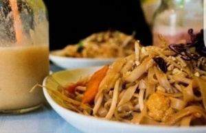 Vegan Pad Thai with Mango and Strawberry Smoothies at Tamarind Vietnamese Grill and Noodle House in Calgary