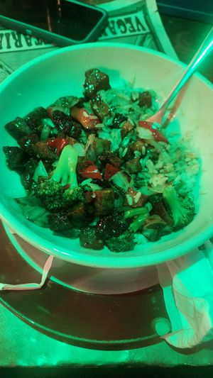 Vegan general tso Seiten on a bed of rice. at The Wherehouse in Newburgh