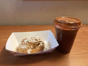 Cinnamon roll and fresh pressed juice!  at Shambala Bakery and Bistro in Mount Vernon
