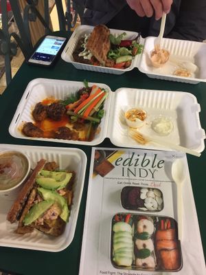 Tofu Rich Girl, Buffalo Nuggets, Dumpling soup, Seitan Bahn Mi — amazing. at Three Carrots - City Market in Indianapolis
