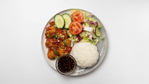 Rice with Viet vegeballs at Ravintola Vietologie  in Helsinki