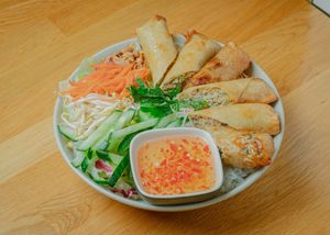 Fresh salad with vermicelli noodles - Vegetarian or vegan spring rolls (served with soy sauce instead of fish sauce) at Ravintola Vietologie  in Helsinki