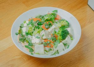 Hu tieu noodles with slow-simmered vegetables broth, homemade tofu and vegeham at Ravintola Vietologie  in Helsinki