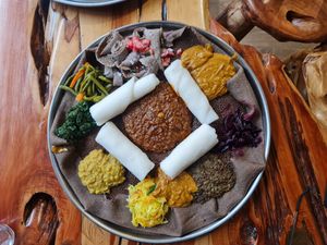 Vegetarian platter with Misir Wot, Shiro Wot and Kik Alicha. at Queen Sheba Habesha Ethiopian Restaurant in Nairobi County