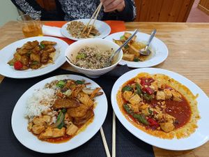 Rice, tofu, and vegetable dishes, all extremely tasty! at Xiao Yu Te y Tapas in Alicante