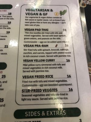 Vegan menu items at Patpong Thai Cuisine in San Francisco