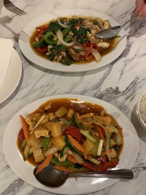 Basil stir fry with tofu (top) and sweet and sour stir fry with tofu (bottom). Both made without fish and oyster sauce.  at Siam Square in Hawaii