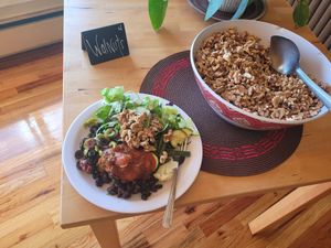 Spaghetti fixings, salad, walnuts at Anjaneya's World Cafe in Watsonville