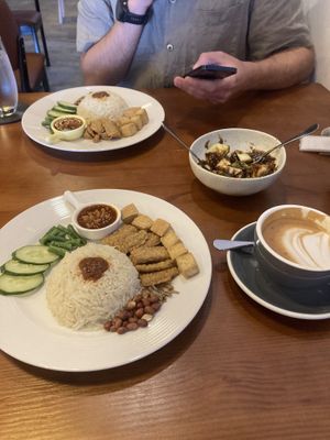 Nasi lemak, rojak side dish, and oat milk latte   at KOKO Cafe in Langkawi