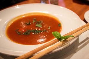 creamy tomato soup with grissini at Kraut & Ruben in Bad Hofgastein
