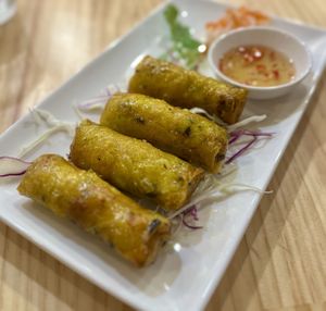 Turmeric fried spring rolls  at Anzzie Veggie Vegetarian Restaurant in Campsie