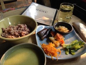 daily lunch set with soup, brown rice, veggies and tea at Amrita Garden in Chiang Mai