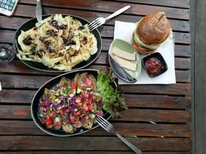 Cabbage steak,  eggplants and burger at Amrita Garden in Chiang Mai