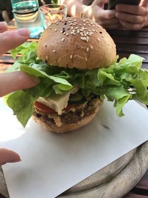 Vegan Sumer burger with cheese- best burger I’ve ever eaten at Amrita Garden in Chiang Mai