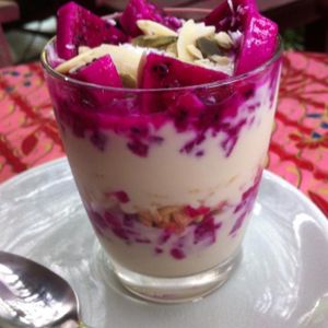 soy yoghurt with pink dragon fruit at Amrita Garden in Chiang Mai
