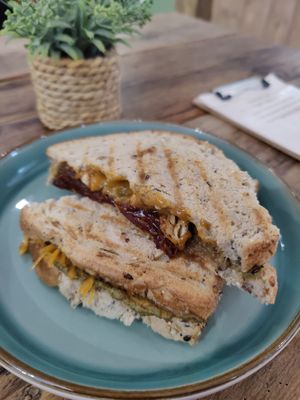 Pesto, cheese, sundried tomato and smoked tofu toastie at TTG Grub Club in Eastbourne