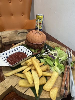 Burger and chips   at Indigo Cafe in Luang Prabang