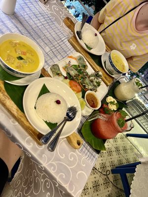 Vegan curry, spring rolls and watermelon & banana shakes.   at Indigo Cafe in Luang Prabang