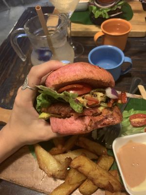 Veggie beetroot burger  at Indigo Cafe in Luang Prabang