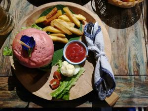 Beet burger, no mayonnaise (ketchup instead) at Indigo Cafe in Luang Prabang