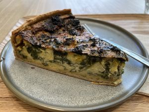 Kale and cauliflower quiche. You can cheese to warm it up and/or take away    at Land & Monkeys - Beaubourg in Paris