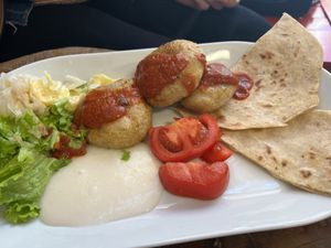 Lentils inside. Great taste. The also homemade vegan yoghurt sauce was 👌🏻  at Vegan Community Kitchen in Istanbul