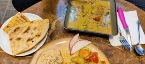 Hummus, arabic bread and soup at Vegan Community Kitchen in Istanbul
