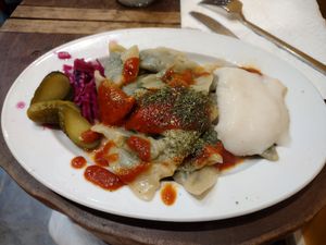Spinach manty (ravioli) at Vegan Community Kitchen in Istanbul