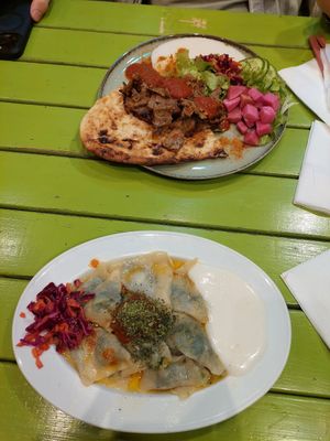 Mantı and kebab at Vegan Community Kitchen in Istanbul