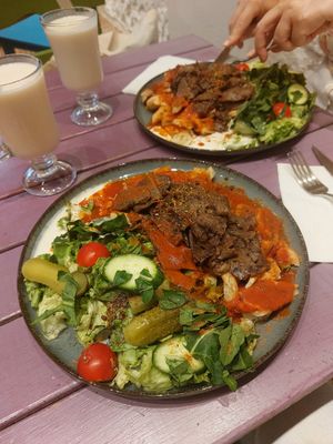 vegan kebab and ayran drink at Vegan Community Kitchen in Istanbul