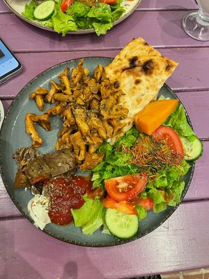 Sunday Special - Sauted Mushroom Plate with a little of the homemade seitan doener on the side --- outstanding!!! at Vegan Community Kitchen in Istanbul