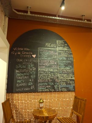 The menu. We were told the only salad on the menu was unavailable.  at Vegan Community Kitchen in Istanbul