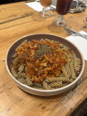 Gluten free pasta with pea protein bolognese  at Vegan Community Kitchen in Istanbul