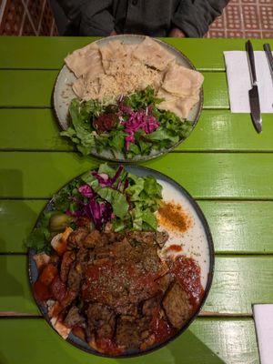 Kebab and ravioli at Vegan Community Kitchen in Istanbul