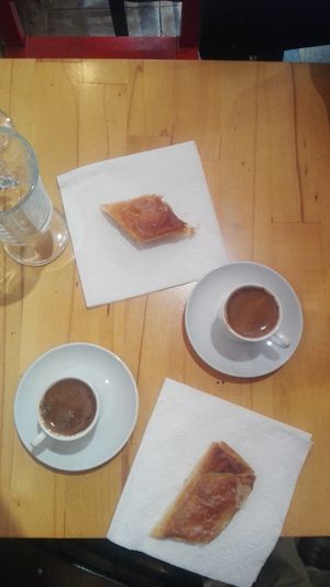 turkish coffee with baklava at Vegan Community Kitchen in Istanbul